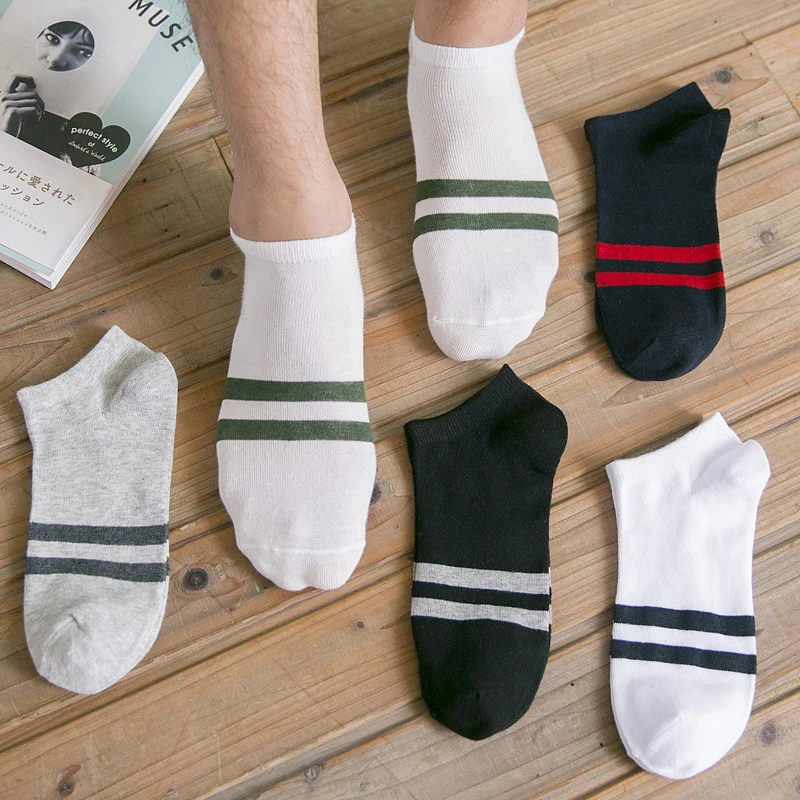 Brand 5 Pairs Of Mens Summer Thin Polyester Boat Socks Sweat Absorbing Breathable Casual Two Bar Short Tube Socks