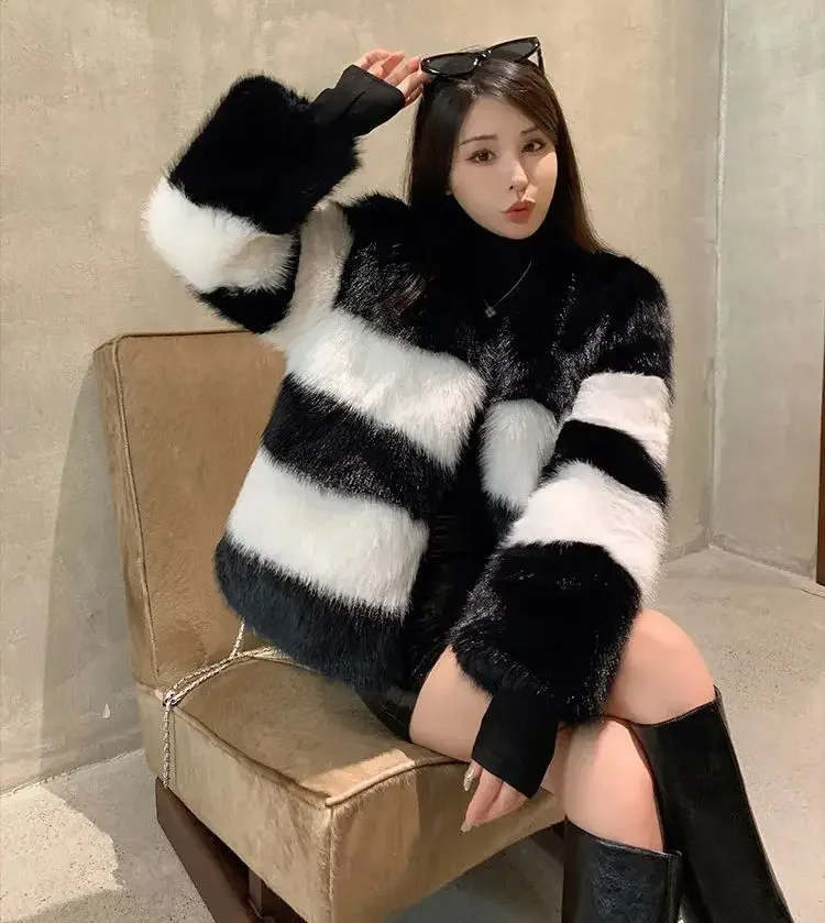 FANIECE 2025 Winter New Fashion Faux Fox Fur Coat Women Artificial Fur Jacket Party Elegant Feather Outercoat manteau femme hive