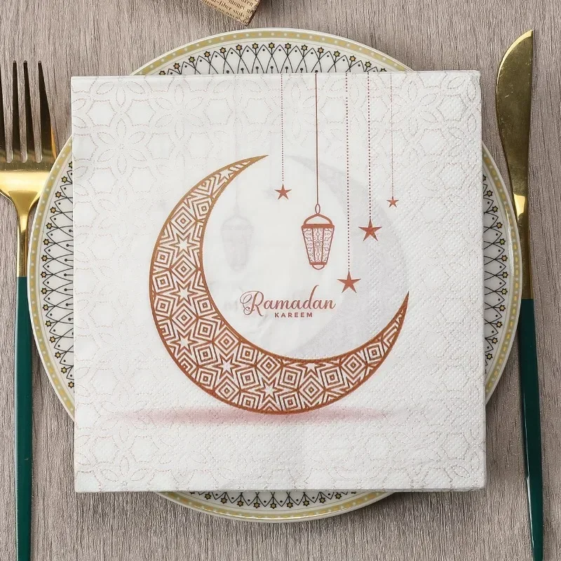 10/20pcs 33cm 2-Ply Golden Moon Printed Napkins Ramadan Festival Decorative Paper Butterfly Bone Bart Paper Wine Glass Flower