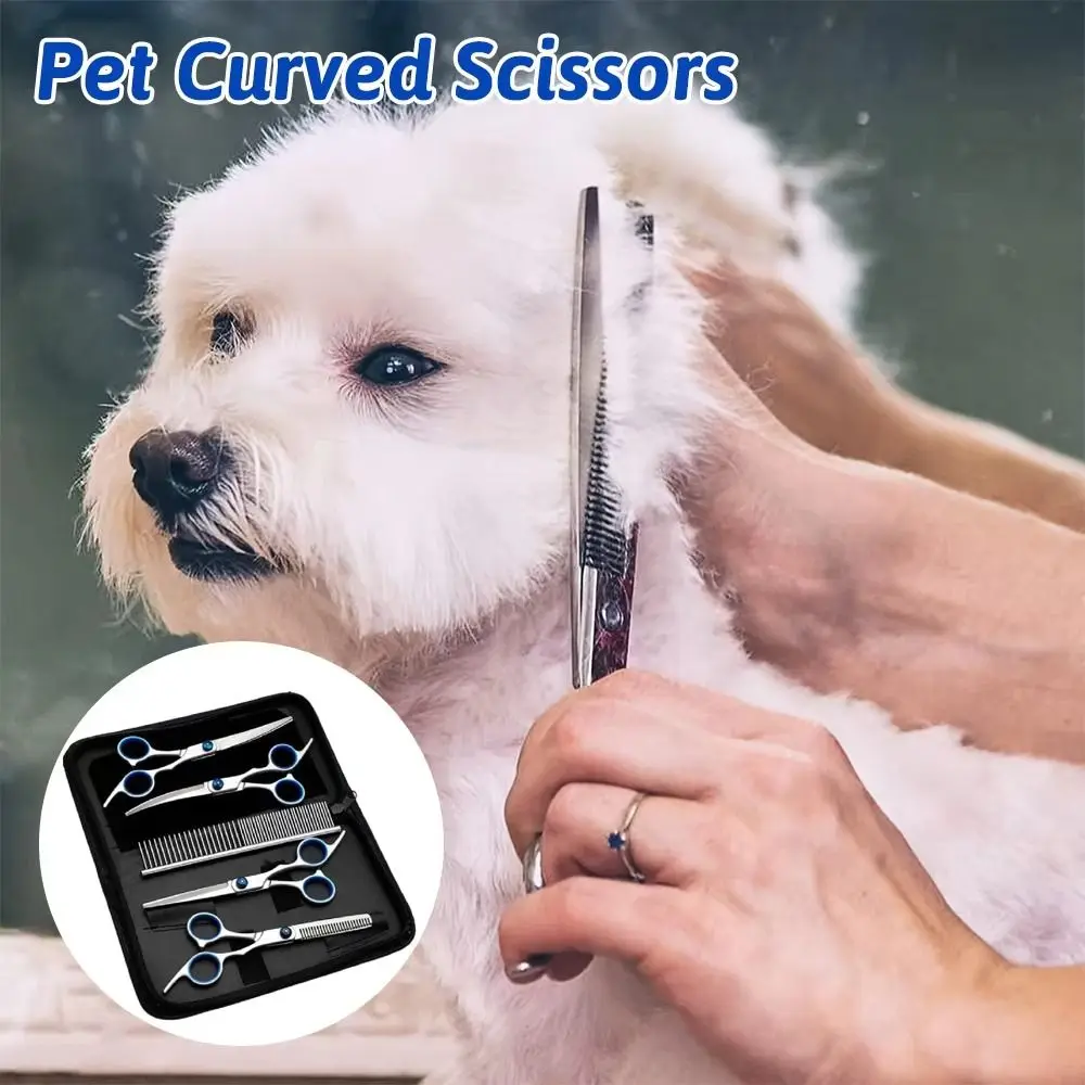 

5Pcs/Set 7 Inch Dog Grooming Scissors Sharp Curved Pet Beauty Shears Professional Rust-Resistant Pet Hairdresser Scissors