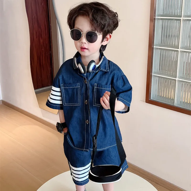 

Boys Clothing Set 2023 Summer Fashion Jeans Outfit Cotton Short Sleeve Single-breasted Shirt+Shorts Kids Set For 2-7Years