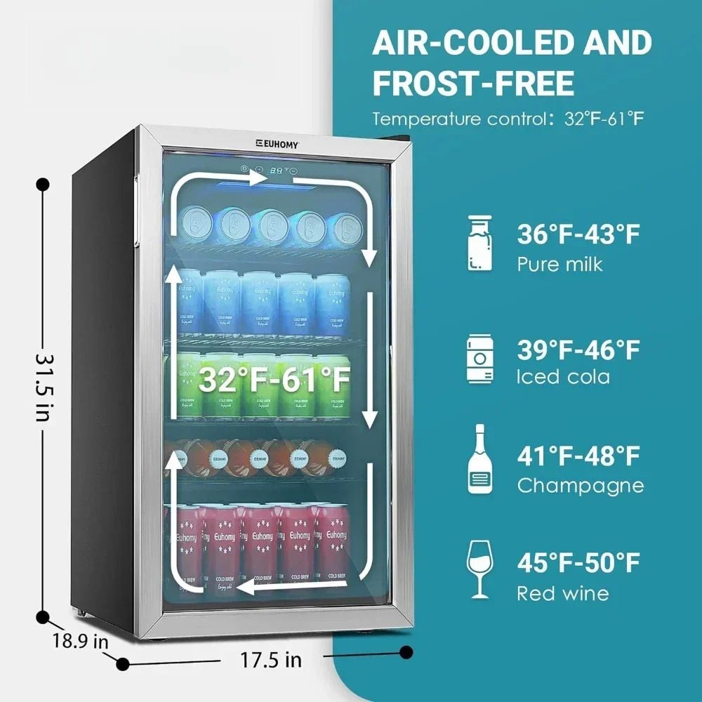 Geladeira e refrigerador para bebidas, mini geladeira de 126 latas com porta de vidro, geladeira pequena com prateleiras ajustáveis para cerveja com refrigerante