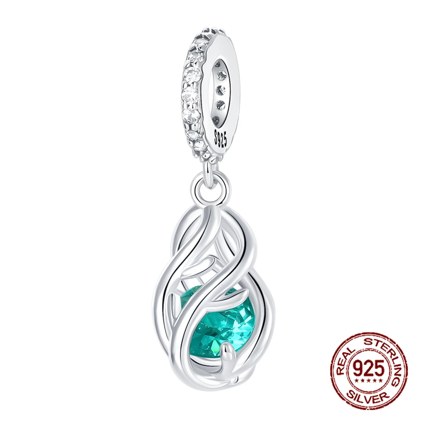 

925 Sterling Silver Scrollwork Vine Openwork Design Green Zircon Pendant Fit Original Charm Bracelets Women DIY Jewelry Gift