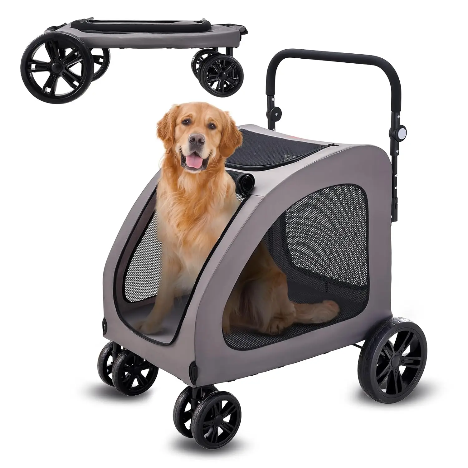 

4-Wheel Pet Stroller with Brakes, 160lbs Capacity, Adjustable Height & Breathable Mesh for Dogs and Cats