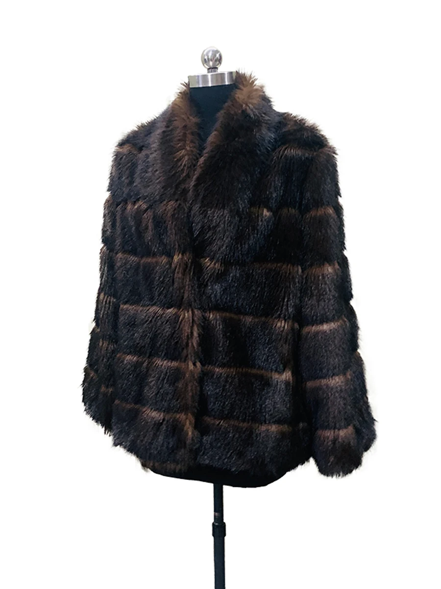 Nerazzurri Autumn Winter Thick Warm Striped Faux Sable Fur Coat Women with Deep V Neck Elegant Luxury Fluffy Jacket 2026