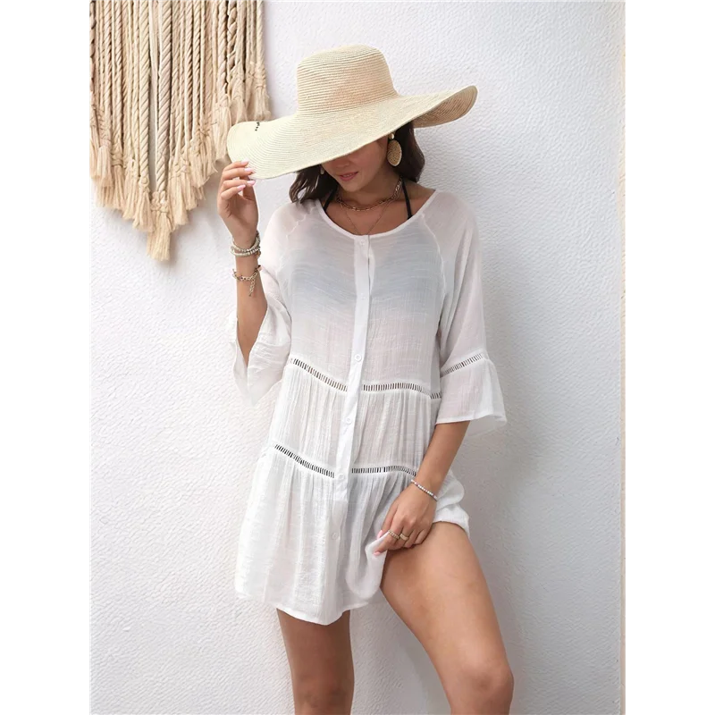 AG-Mulher verão botão para baixo camisa vestido oco mini vestido 3/4 manga sino vestido em camadas solto vestido de praia