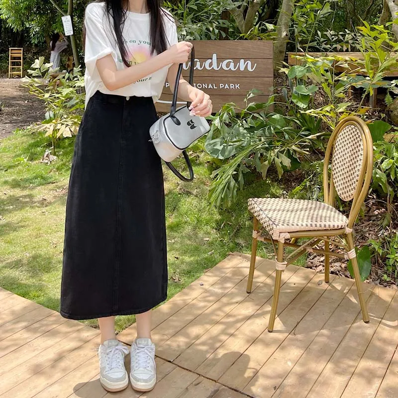 กระโปรงทรงเอเอวสูงผ่าข้างสำหรับสาวพลัสไซส์ ผ้ายีนส์สีขาว เนื้อผ้าฝ้ายแท้ เหมาะสำหรับเดินทางไปทำงาน