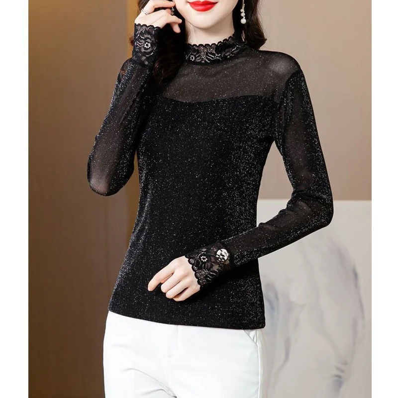 Sexy Elegant Mesh Lace Bright Silk Skinny Half High Collar Basic Ladies Tops Autumn Winter Women Casual Long Sleeve Warm T-shirt