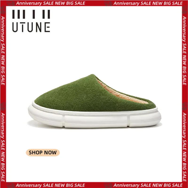 UTUNE Winter Felt Slippers Women Indoor Men Home Shoes Warm EVA Soft Platform Shoes Furry Slides Pantuflas De Mujer Mules Green