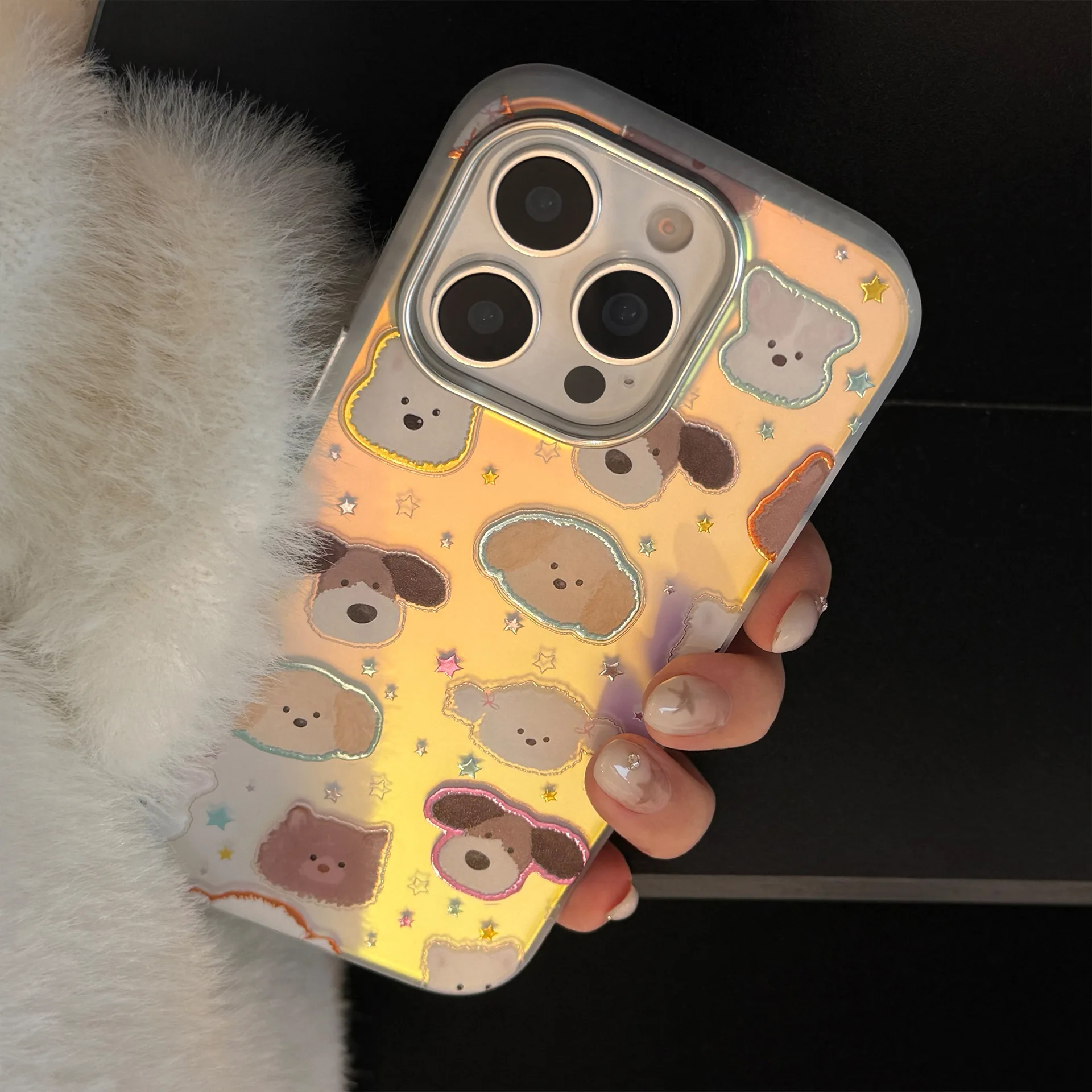 Koreanische Cartoon-Welpen-Sterne-Laserbeschichtung Handyhülle für iPhone 17, 16, 15, 14, 13, 12, Pro Max Plus, stoßfeste Schutzhülle