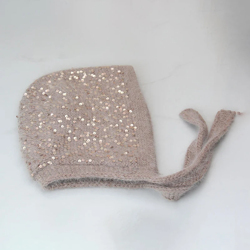 Sequined rabbit fur ear protection hat winter lace-up windproof knitted baotou hat female all-match face-showing little Lei Feng
