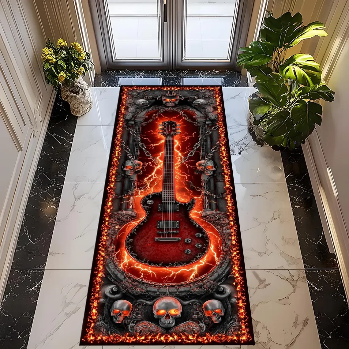 Music Theme Guitar Runner Rug Fire Flame Skull Pattern Kitchen Floor Mat Non-Slip Hallway Carpet Long Area Rug Home Decoration