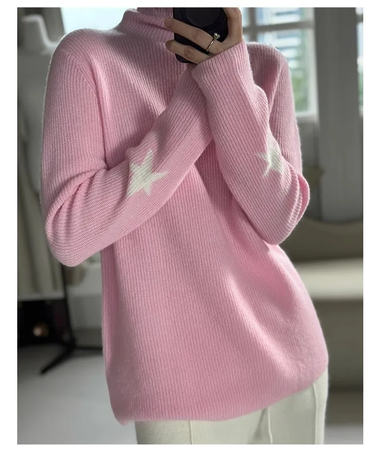 Pure Cashmere Bottoming Shirt for Female, Thick High-Necked Bottoming Shirt, Gold ingot Needle Pile Collar, Knitted Cuff, Star S