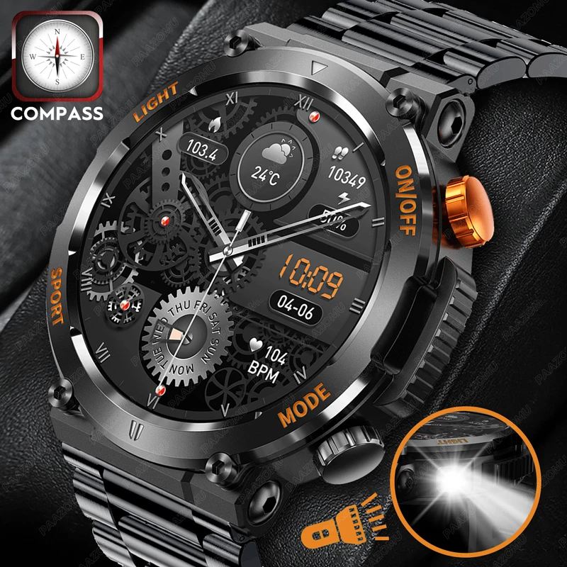 Montre connectée boussole avec lampe de poche LED pour homme, étanche IP67, Bluetooth, appel, sport, fitness, tracker, extérieur, nouveau, 2023