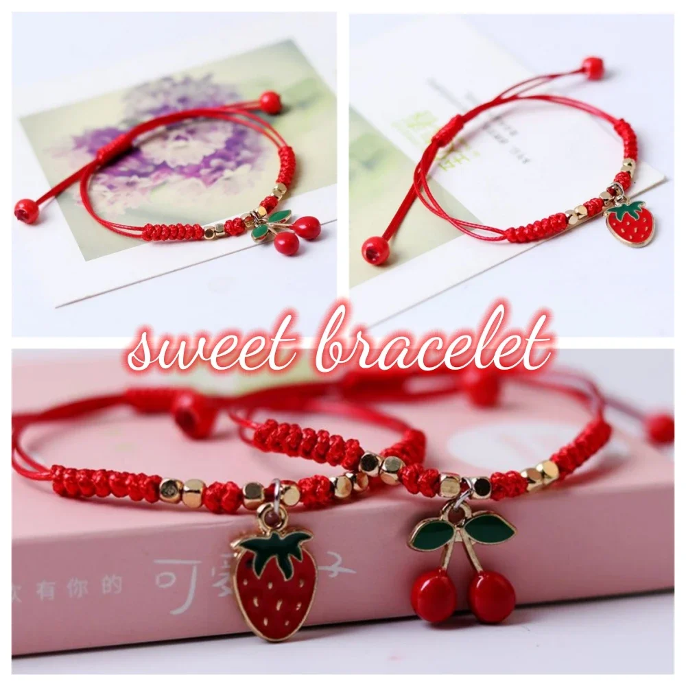 Pulseras de cereza y fresa tejidas a mano, joyería de amistad de cuerda roja bonita para niñas, accesorios colgantes de fruta dulce, regalos de moda