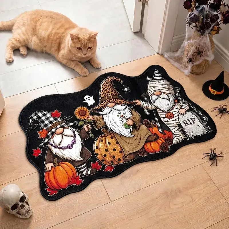 VIKAMA Fall Halloween Gnome Doormat Soft Flannel Anti‑slip Irregular Floor Mat Pumpkin Ghost Dwarf Rug For Front Door Home Decor