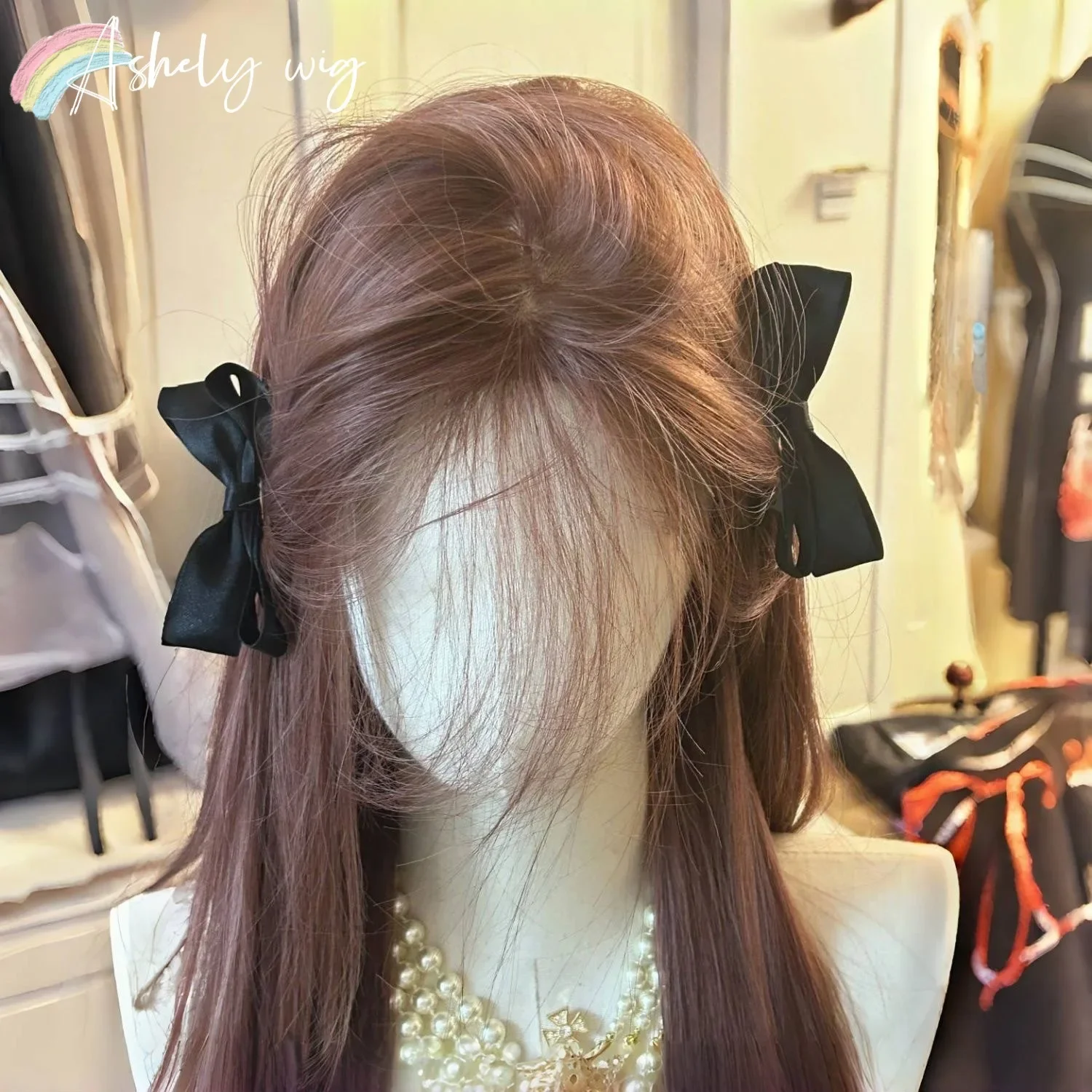 Lace Front Synthetic Wigs Pink Brown Wig Long Straight Lolita Wig Female Cosplay Heat Resistant Wig for Daily Use 가발