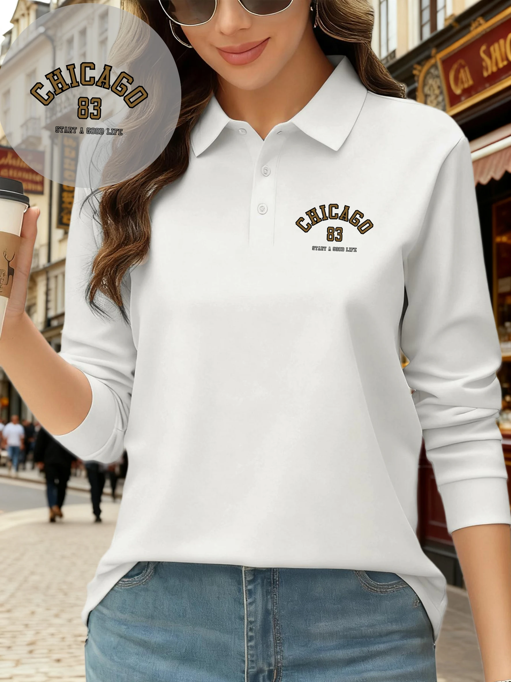 

Жизнь в Чикаго, очень хорошая женская рубашка-поло с принтом, универсальная мягкая футболка, флисовая одежда с лацканами, деловая осенняя одежда с длинными рукавами