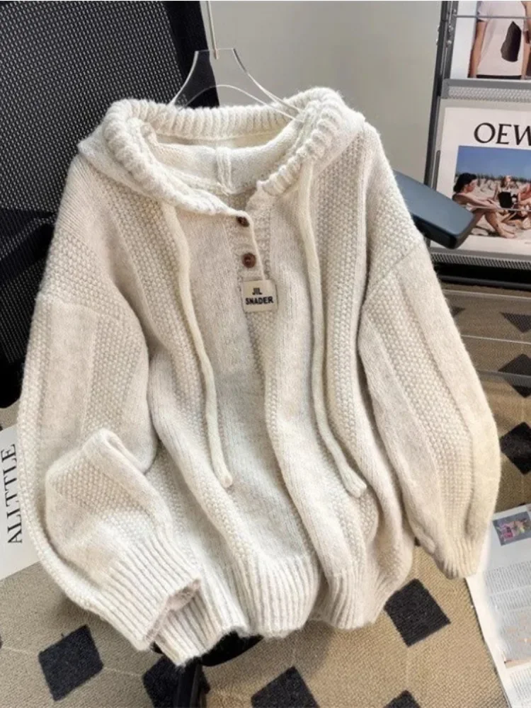 Pullover Thread Top Fashionable Versatile Hooded Sweater Women Autumn Winter Loose Lazy Style Sticky Drawstring Knit Sweater