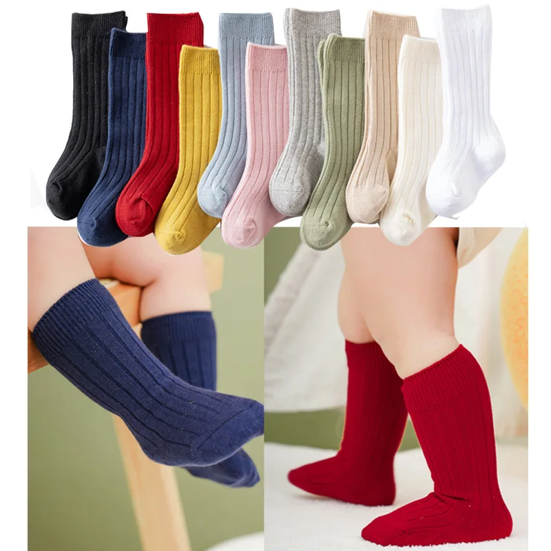 1Pairs Baby Knee High Socks Kids Girls Boys Soft Cotton Long Sock Cute Stripe Solid Children Sock for 0-3Years