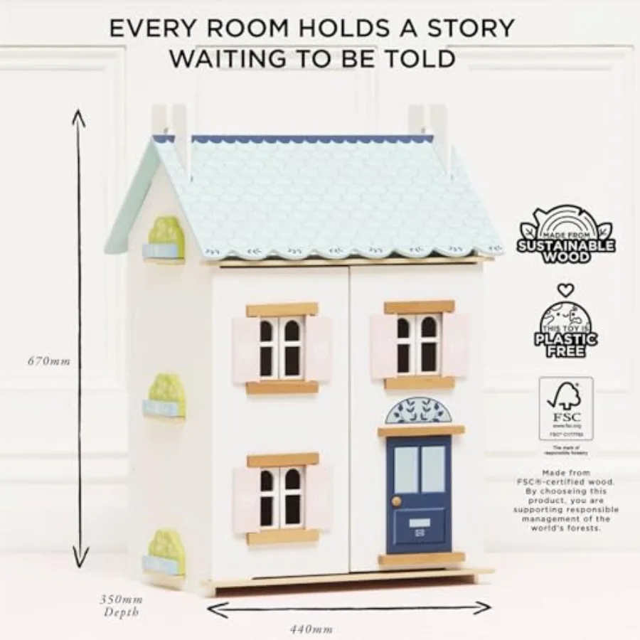 Casa de boneca de madeira |   Conjunto de brincar para casa de bonecas de madeira de 3 andares para meninas e meninos – adequado para maiores de 3 anos