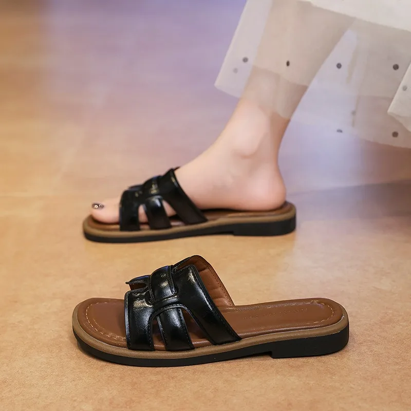 Summer Retro French Style One Strap Slides For WomenFlat Heel Casual SandalsComfortable All Match Outdoor Daily Walking Footwear