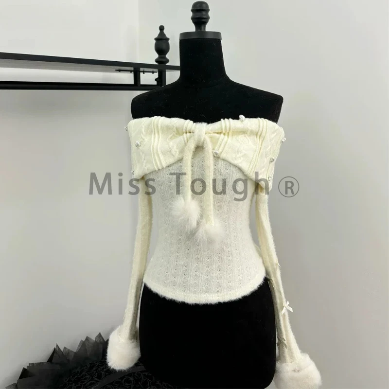 Winter Knit Japanese Kawaii Y2k 2 Piece Set Woman Off Shoulder Elegant Retro Skirt Suit Female Chic Tops + Cake Mini Skirt 2024