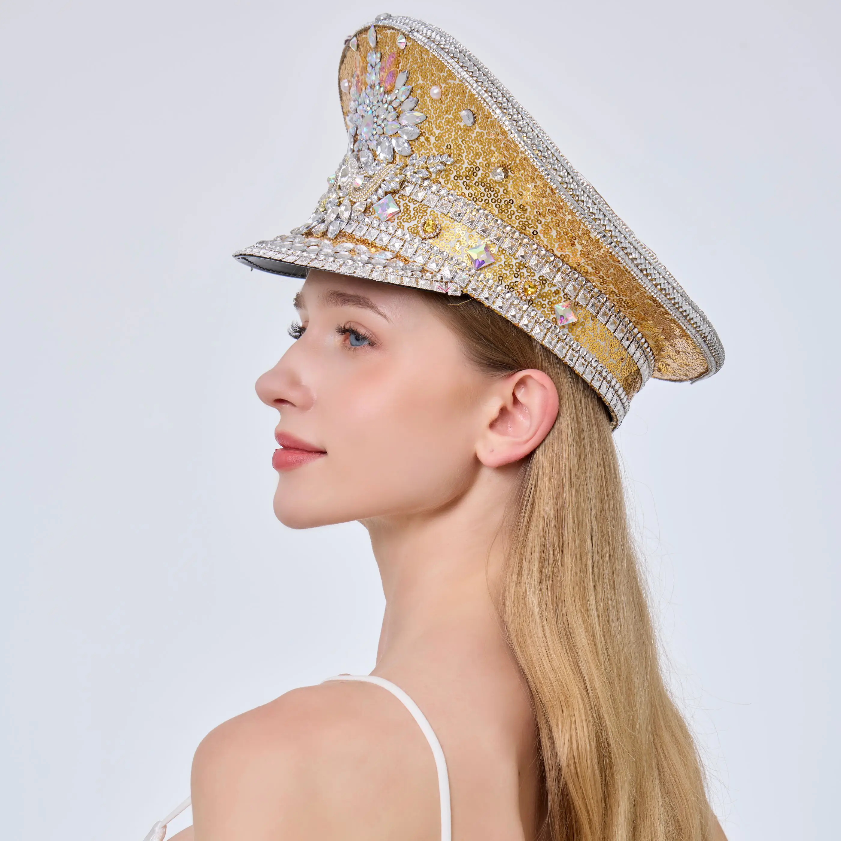 HongLuan 빈티지 골든 스팀펑크 캡틴 모자 빌딩 맨 축제 여성용 라인스톤 - 군용 액세서리 & 남성용 모자