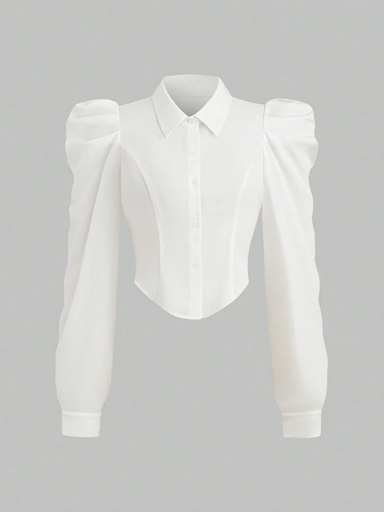 Plus Size Spring/Summer White Slim Fit Long Sleeve Shirt Solid Colour Fashionable and Versatile Office Wear Simple and Refined
