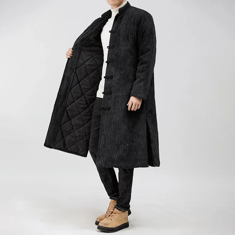 

High Quality Hanfu Chinese Style Tang Suit Linen Thick Cotton Coat Winter Chinos Clothes Men Long Black Navy China Jacket Tops