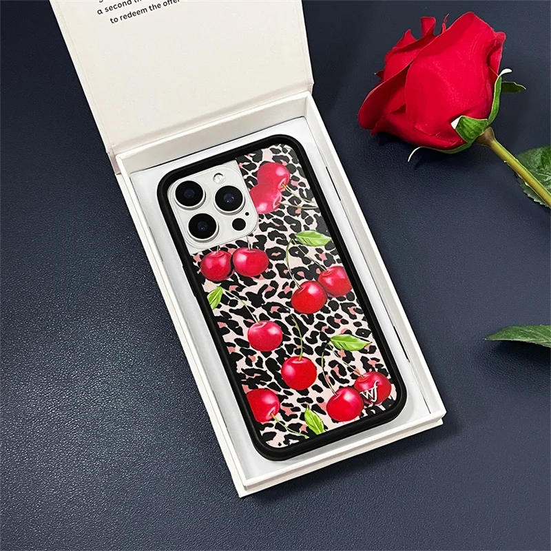 Wildflower 3D Leopard Cherry Phone Case for iPhone 16 15 14 13 12 Pro Max Plus WF Retro Star Crown Strawberry Back Cover Funda