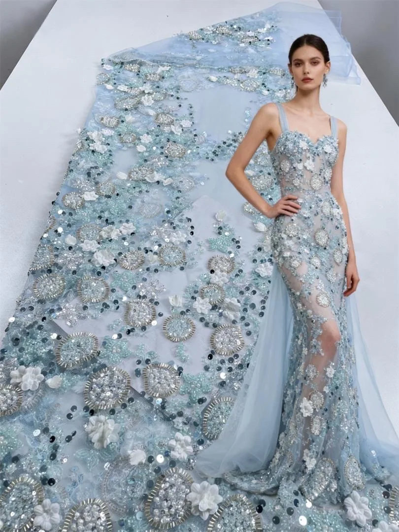 

Elegant French Fabric Embroidery With Flower Sequins Lace Fabric African Nigerian Beaded Lace Fabrics For Wedding Dresses Women