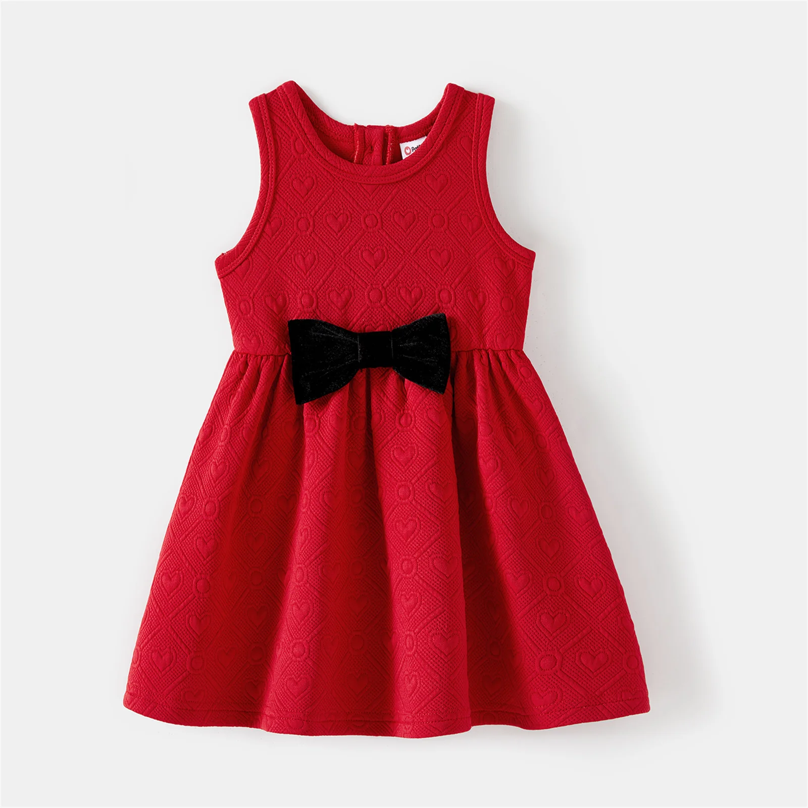 PatPat Valentine\'s Day Family Matching Outfits Bow Front Red Heart Textured Tank Dresses and Long-sleeve Corduroy Shirts Sets