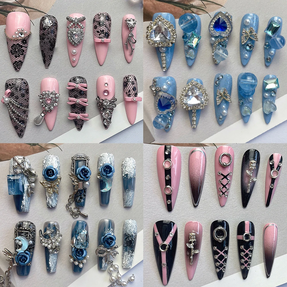 10Pcs Spicy Girl Style Handmade Long Coffin Stiletto Press On Nails 3D Flowers Bow Metal Chain Diamond Full Cover Nail Art