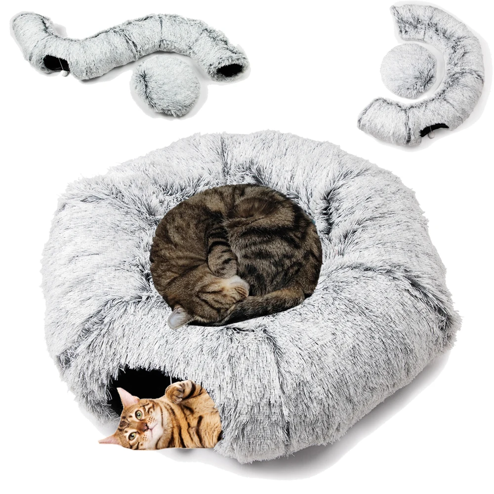 Long Plush Tunnel Bed for Cats Soft Foldable Fluffy Pet Bed House Deep Sleeping Puppy Cat Warm Winter Tunnel Bed Pet Toys