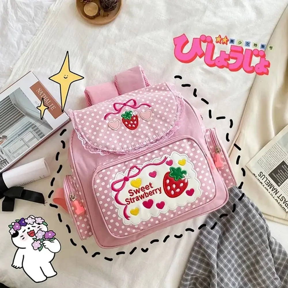 Moda bordado morango saco de escola multi-bolso pontos menina mochila kawaii casual estudante adolescente faculdade