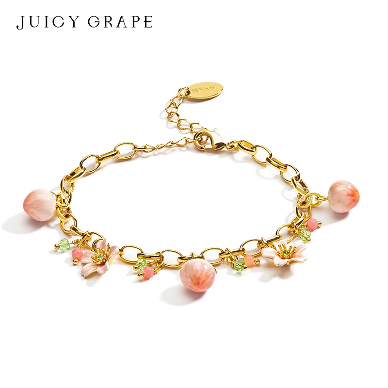 JUICY GRAPE18K Gold-Plated Women's Charm Bracelet Sweet and Lovely Peach and Peach Blossom Adjustable Handcrafted Enamel Jewelry