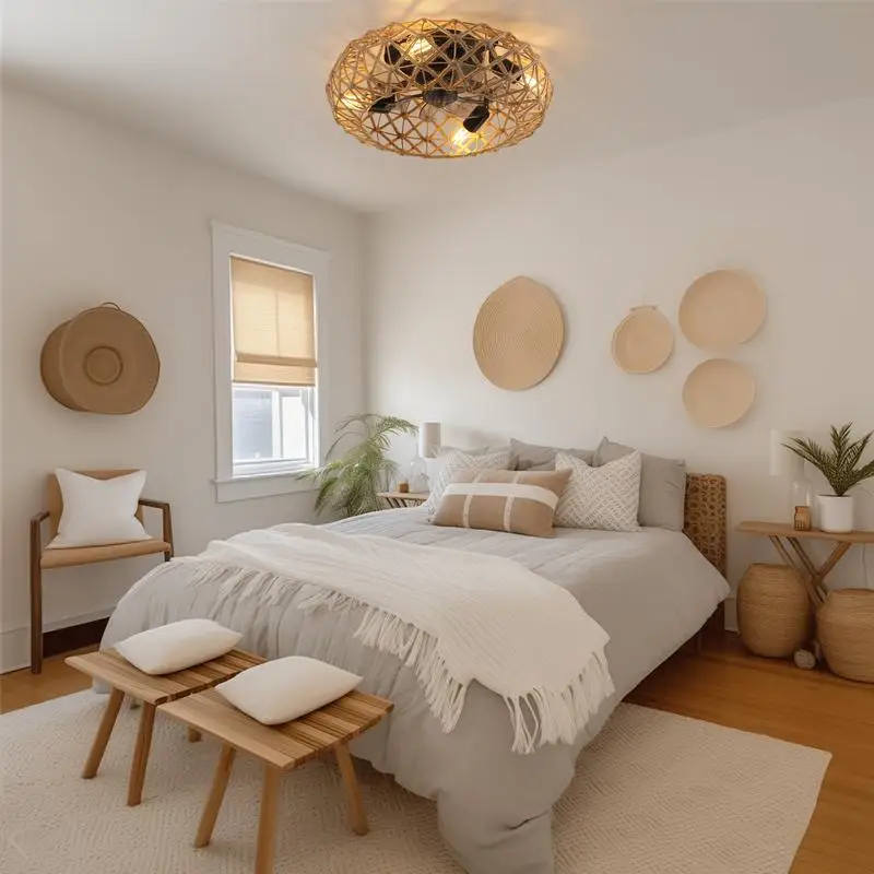 Ceiling-Mounted Jute Rope Fan Light Strip with 4 LED Bulbs, Dimmable, 7 Blades, Reversible DC Motor, Adjustable Brightness and