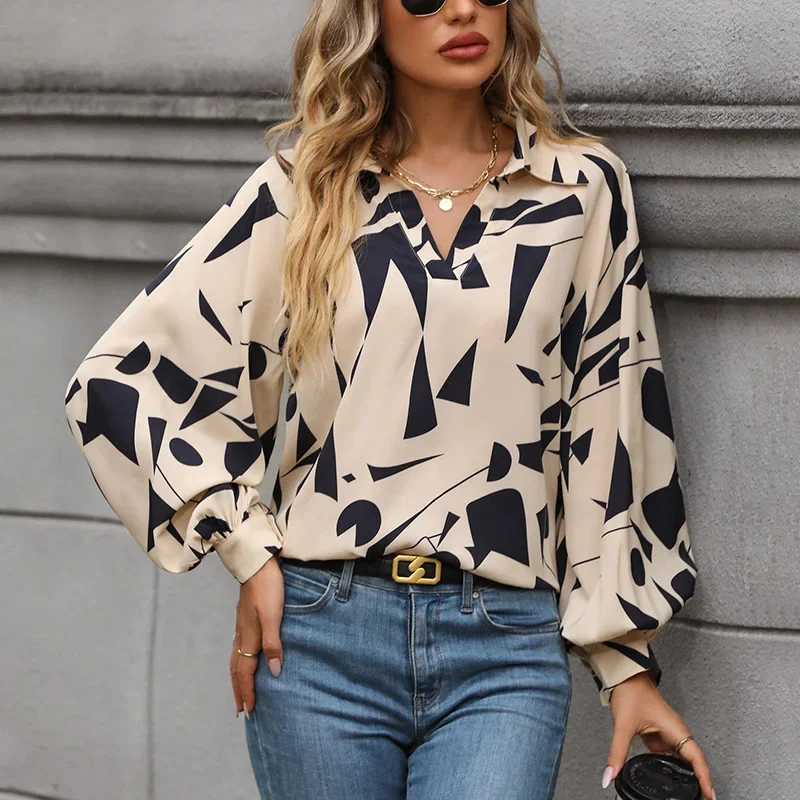 Europe and The United States Elegance Wind New Printed Lapel Shirt, Women\'s New Autumn Fashion Loose Long-sleeved Pullover Shirt