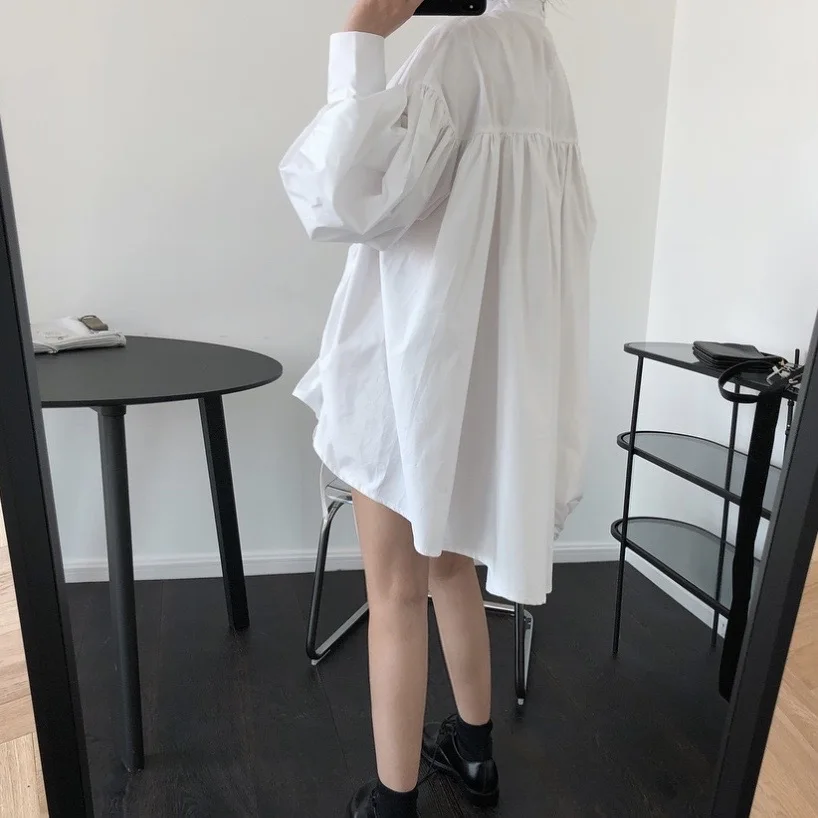 Moda irregular vestido feminino gola lanterna mangas cordão designer solto casual preto branco curto camisa vestidos