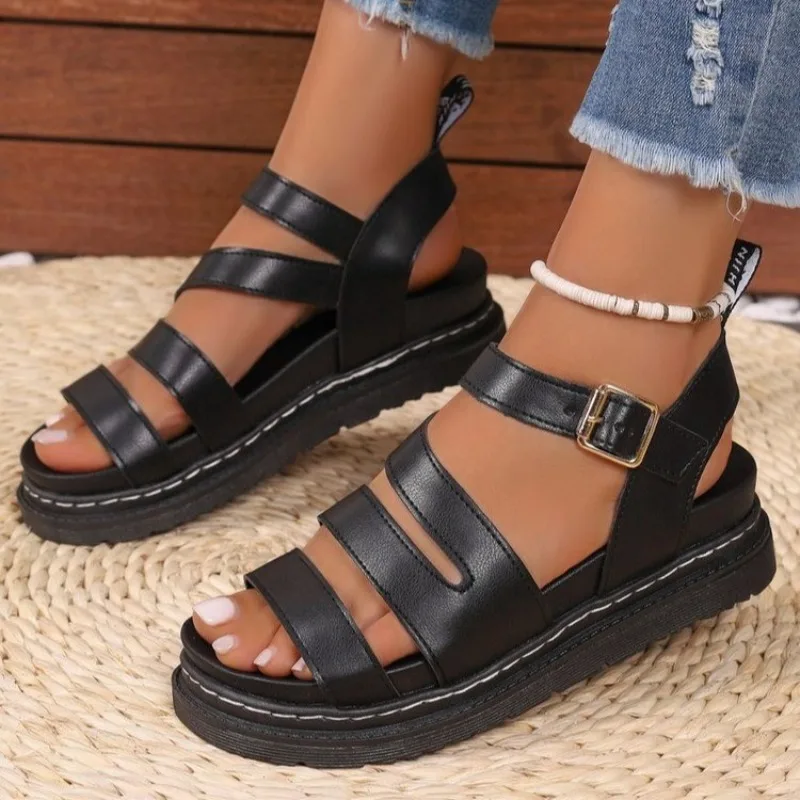 Women Sandals 2024 Spot Large Summer New Thick Sole Sandals Line Casual Roman Beach Sandals Cross Border Fashion Buckle Shoes