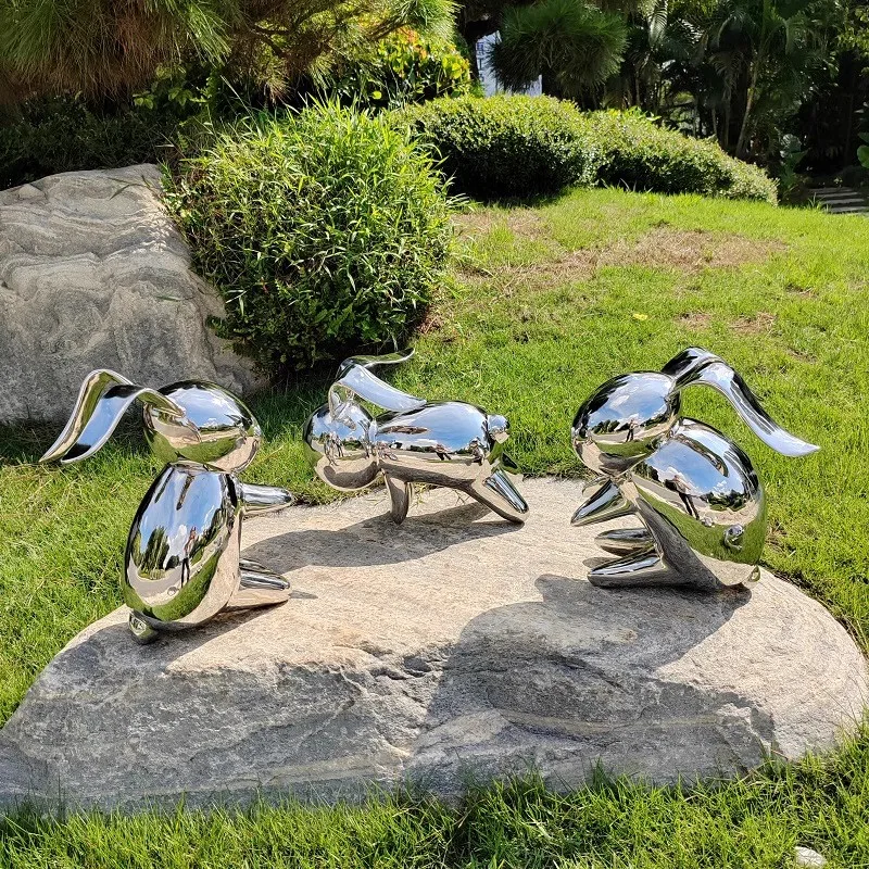 

Garden landscape stainless steel mirror 304 rabbit combination decoration garden abstract outdoor floor decoration treasure