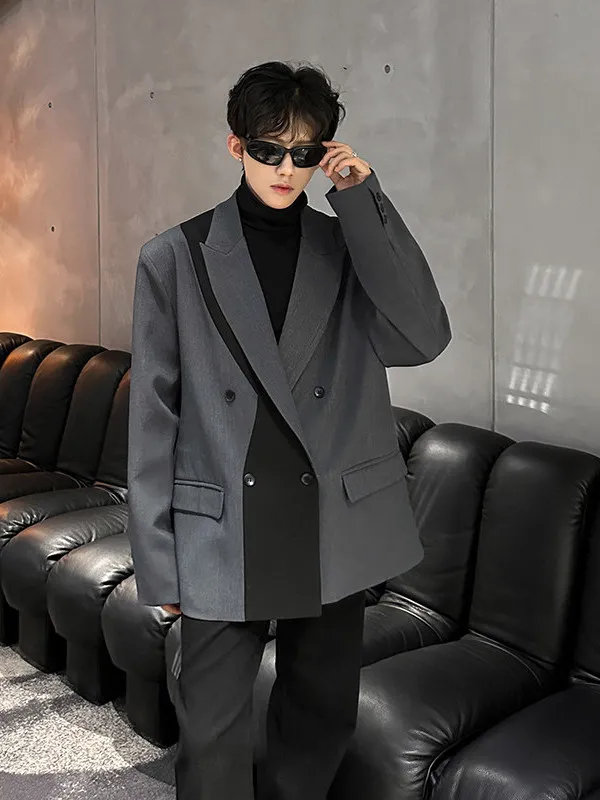 

Casual Two-Tone Patchwork Double-Breasted Spring Autumn Men's Small Suit Jaet Faionable American Sle oulder Pad Design