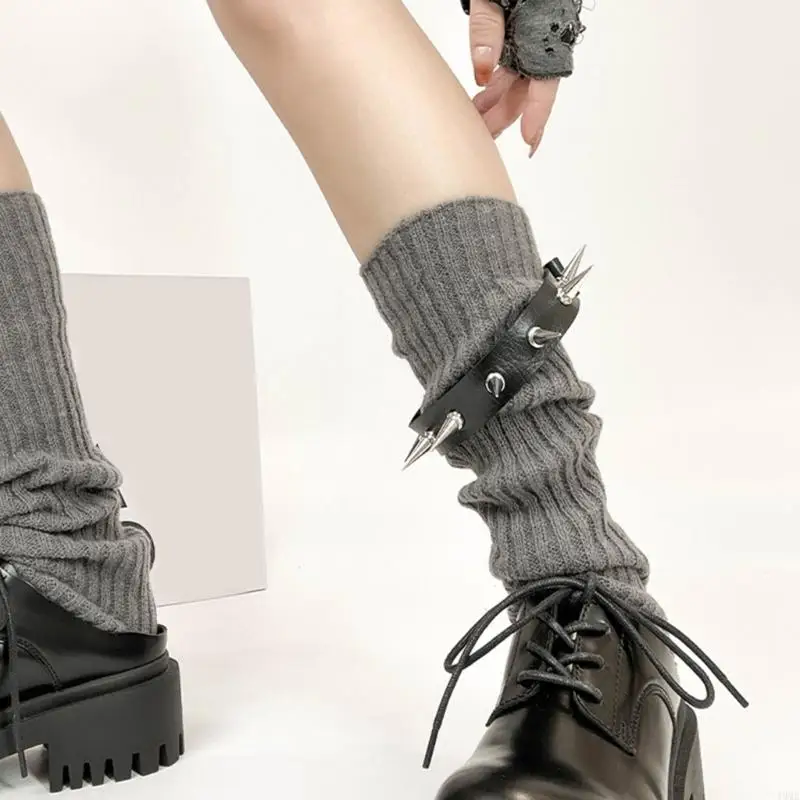 49ME Women Punk Leg Warmers Ribbed Knitted Boot Covers with Spikes Rivets Leather Belt Stretch Long Socks for Costume Parties