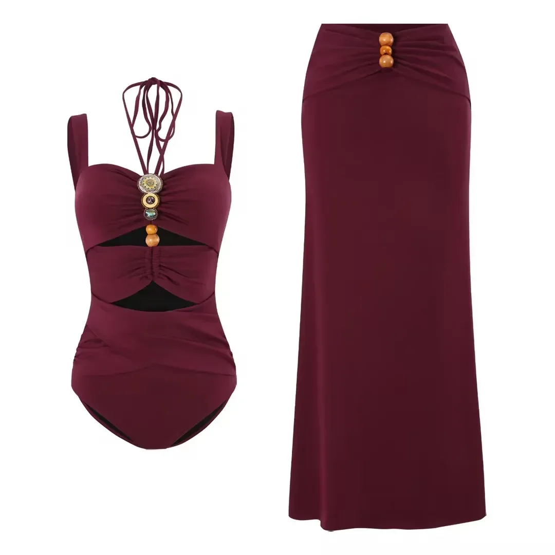 

2025 New Wine Red Bohemian Bead Hollow One-piece Swimsuit Set for Women, Popular Item