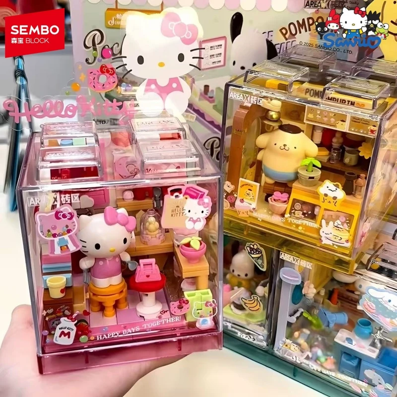 헬로 키티 블록 산리오 귀여운 작은 가게 쿠로미 장난감 컬렉션 모델 데스크탑 카와이 장식품 어린이 휴일 선물