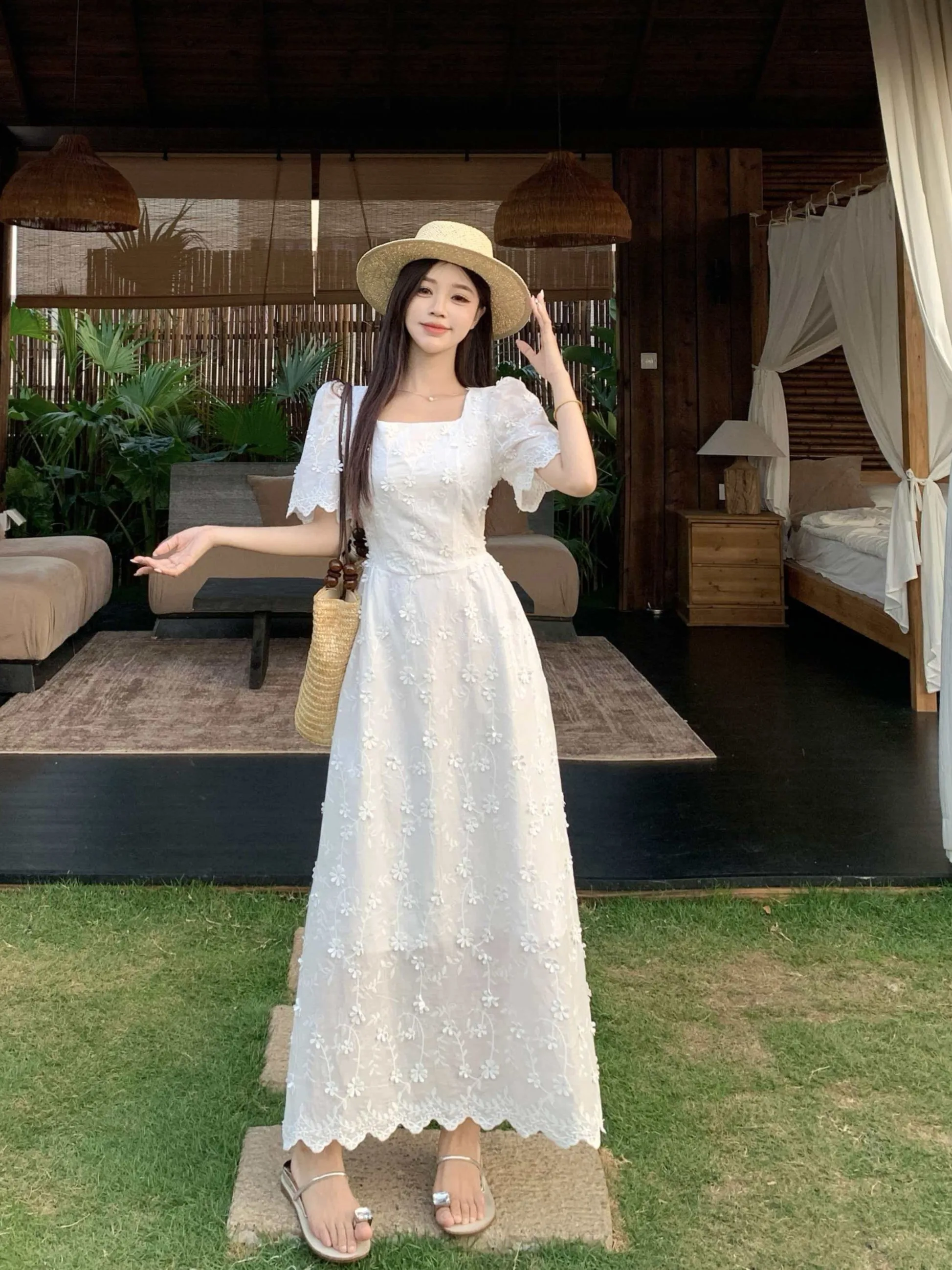 

plus Size Women's Embroidered Floral Short Sleeve Dress Square Neck A-Line Long Dress Waist-Cinching Summer New Style Korean ...