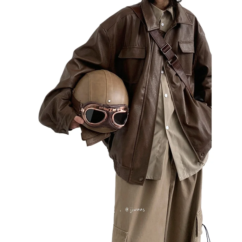 

Мужская мотоциклетная куртка из искусственной кожи, японское винтажное пальто унисекс большого размера, повседневная роскошная мужская куртка