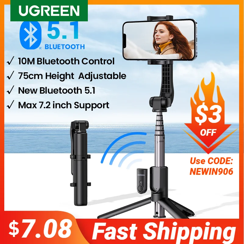 【New-in Sale】UGREEN Bluetooth Selfie Stick Tripod Stand 750mm Extended 10m Bluetooth Remote Shutter Universal For IOS Android