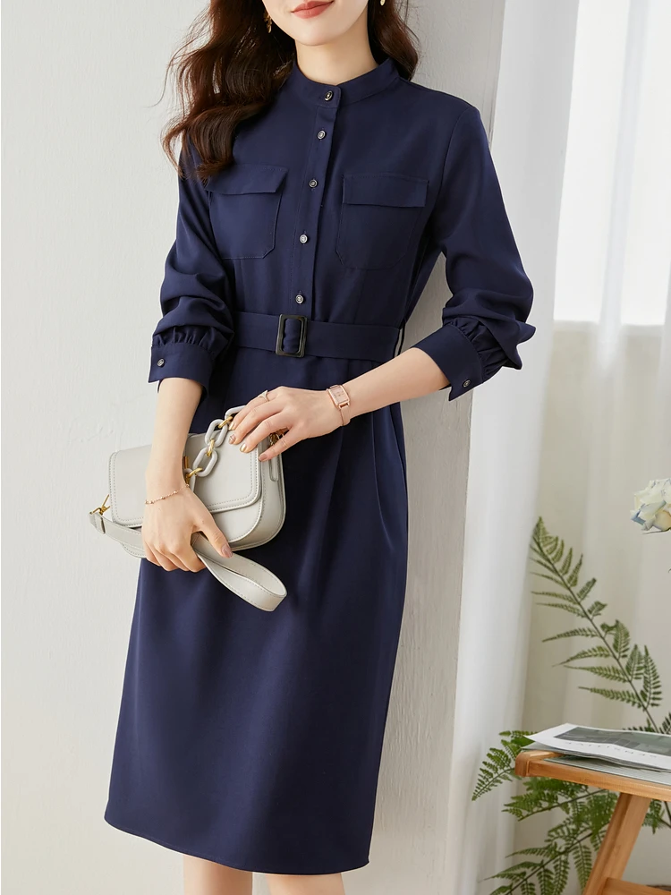 Vimly Elegant Belt Long Sleeve Shirt Dresses for Women 2023 Autumn Fashion Vintage Stand Collar Button Down Dress Clothing V8085